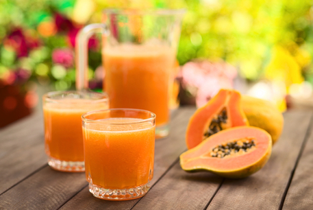 Zwei volle Gläser und eine Volle Kanne mit Papayapüree, neben einer geteilten Papaya, auf einem Holztisch. Im Hintergrund sind verschiedene Blumenarten. 